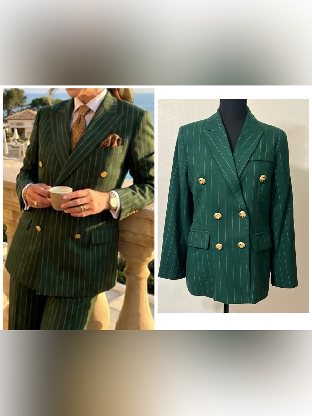 Belle Business Wear Double-Breasted Green Pinstripe Blazer with Gold Buttons